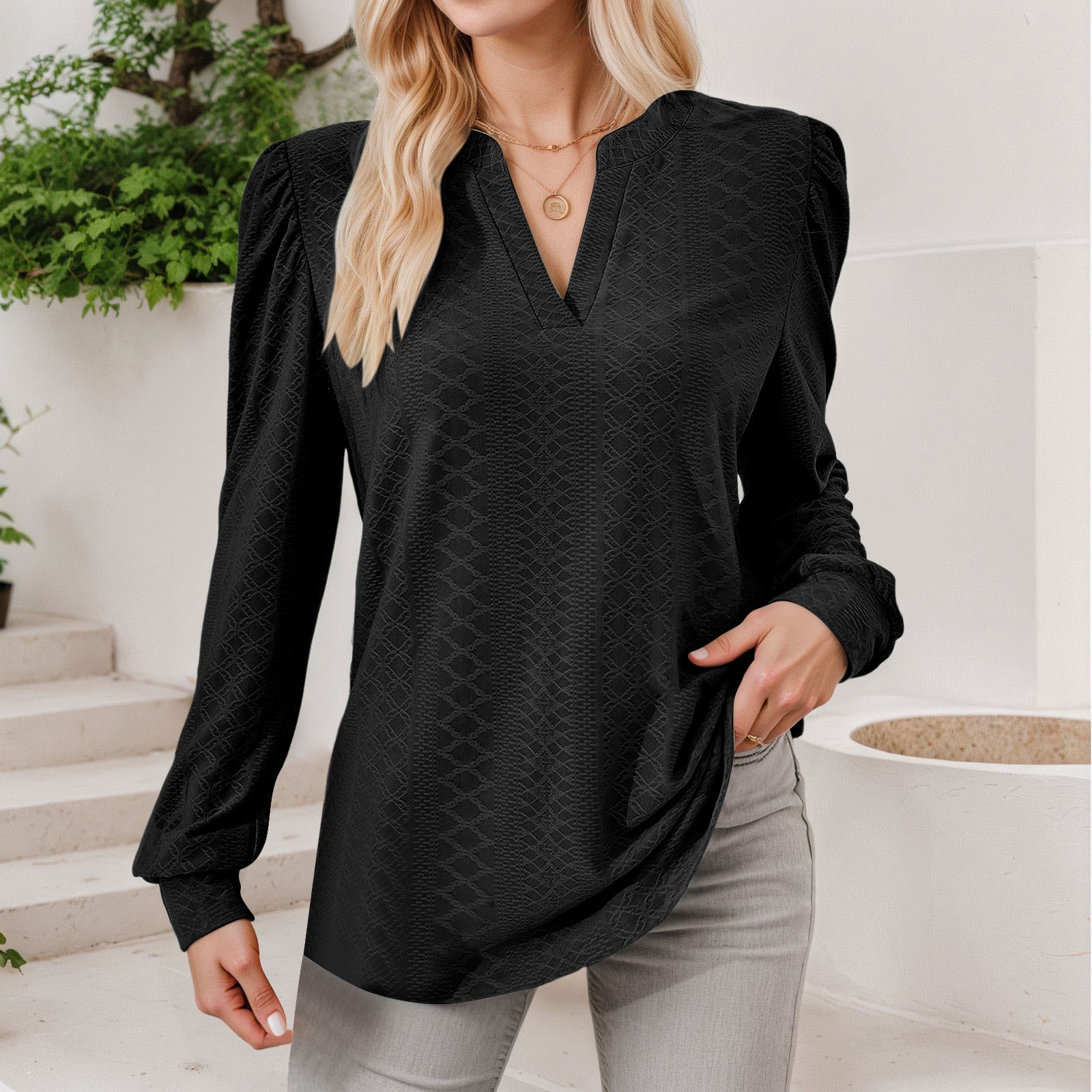 thumbnail image 2 of Top de manga larga con cuello en V y tejido jacquard para mujer - Camiseta holgada de color liso, 2 of 6